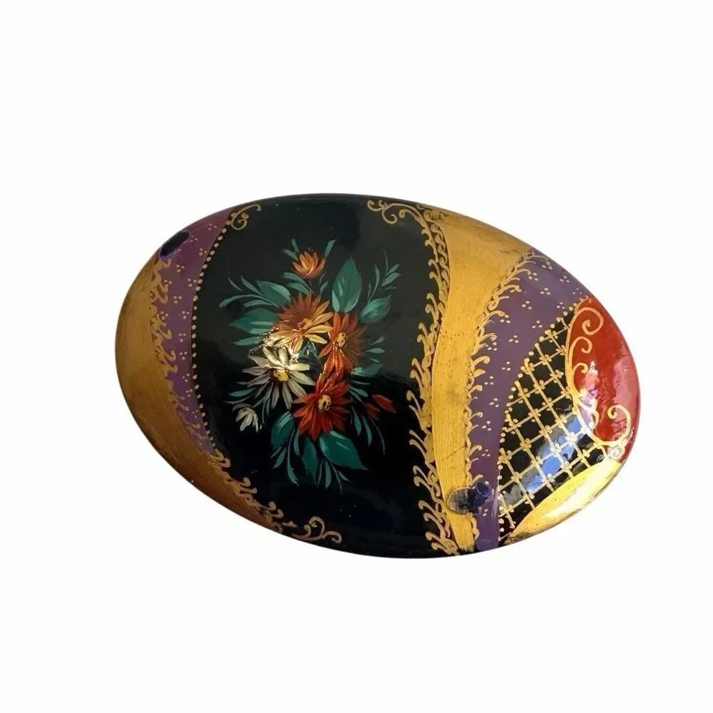 Hand Painted Russian Lacquer Style Floral Brooch
